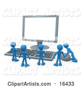 Group of Tiny Blue Employees Standing in Front of a Computer Keyboard and Looking up at a Flat Screen Lcd Monitor Screen While One Person Operates the Mouse