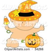 Halloween Baby in an Orange Starry Witch's Hat and Diaper, Holding a Candy Corn Rattle and Sitting with a Pumpkin
