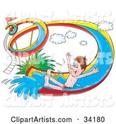 Happy Man Holding His Arms out and Riding down a Twisty Water Slide