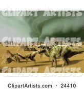 Iguanodon and Coelophysis Dinosaurs Running Through a Sandy Desert with a Storm Brewing in the Distance