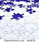 Incomplete White Jigsaw Puzzle with Scattered Blue Spaces of Missing Pieces