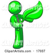Lime Green Man Holding a Green Leaf, Symbolizing Gardening, Landscaping or Organic Products