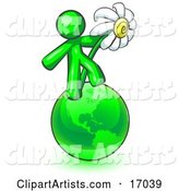 Lime Green Man Standing on the Green Planet Earth and Holding a White Daisy, Symbolizing Organics and Going Green for a Healthy Environment