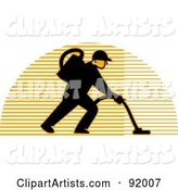 Logo of a Carpet Cleaner Man over a Lined Half Circle