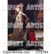 Long Haired Maiden Holding a Sword over a Man During a Knighting Ceremony, the Accolade by Edmund Blair Leighton