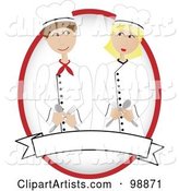 Male and Female Chef Holding Utensils over a Blank Banner and Oval