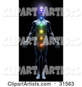 Male Body with All Seven Chakras Activated and Illuminated, Symbolizing Peace, Self, Health and Meditation