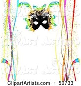 Mardi Gras Mask on a White Background with Borders of Confetti and Ribbons