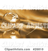 Metal Wire Frame Globe of Earth over a Golden Background with Waves and Gold Light