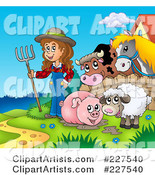 Muddy Pig, Sheep and Farmer by a Fence with a Cow and Horse