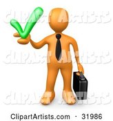 Orange Business Man Carrying a Briefcase and Holding a Green Check Mark, Symbolizing Solutions and Approval