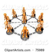 Orange Business Men with Briefcases, Standing in a Network Circle