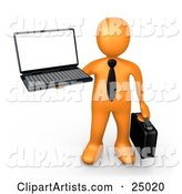 Orange Businessman with a Black Tie, Holding a Laptop and Carrying a Briefcase
