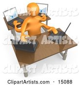 Orange Employee Multitasking While Operating Four Laptop Computers at Two Different Desks in an Office