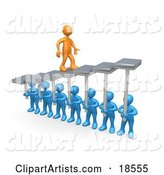 Orange Man Walking Upwards on Steps That Are Held by Blue Men Below, Symbolizing Support, Trust and Achievement