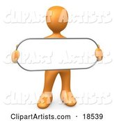Orange Person Holding a Blank White Oval Sign
