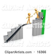 Orange Person Standing on a Silver and Green Bar Graph Chart, Reaching Back to Assist Another Person up to the Top