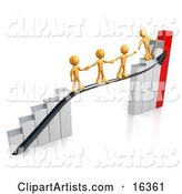 Orange Person Standing on a Silver and Red Bar Graph Chart, Reaching Back to Assist Others up to the Top