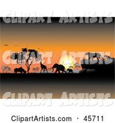 Orange Safari Sunset Silhouetting Animals and Trees