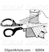 Pair of Sewing Scissors with Patches and Thread