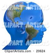 Person's Head in Profile, Covered in Blue Seas and Continents of Planet Earth