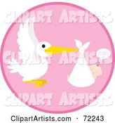 Pink Circle with a Stork and a Sleeping Baby Girl