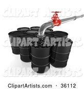 Pipe Pouring Oil into Black Barrels