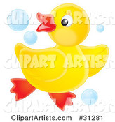 Playful Yellow Rubber Ducky Dancing in Blue Bubbles, on a White Background