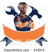Retro Carpenter over a Crossed Hammer, Wrench and Orange Banner