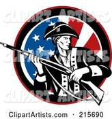 Revolutionary War Soldier Holding a Rifle over an American Flag Circle