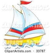 Sailing Boat with White, Red and Blue Sails and a Red Flag