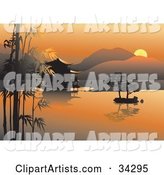 Scenic Asian View of an Orange Sunset over Bamboo, Trees and a Hut on Still Waters with Hills in the Background