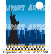 Silhouetted Statue of Liberty and New York Skyline Under a Full Moon, with a Lower Taxi Border