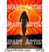 Silhouetted Woman Walking Away Towards a Bursting Sunset of Binary Code