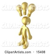 Smart and Creative Gold Man with 3 Lightbulbs Symbolizing Ideas Above His Head