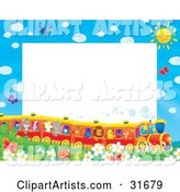 Stationery Border or Frame of Birds, Butterflies, Bugs, and Flowers Watching a Train of Animals on a Sunny Day