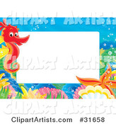Stationery Border or Frame with a Red Seahorse, Shells and Starfish