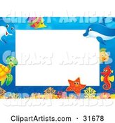 Stationery Border or Frame with Colorful Marine Fish, a Turtle, Starfish, Seahorse and Dolphins