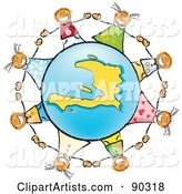 Stick Children Holding Hands Around a Blue and Yellow Haiti Globe