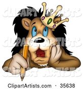 Stressed Lion King in a Crown, Holding a Pencil and Touching His Face