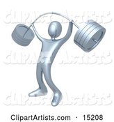 Strong Silver Man Holding Heavy and Bending Barbell Weights Above His Head in a Fitness Gym