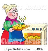Sweet Blond Granny Taking Hot Rolls out of an Oven