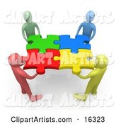 Team of Diverse People Holding up Connected Pieces to a Colorful Puzzle, Symbolizing Excellent Teamwork, Success and Link Exchanging