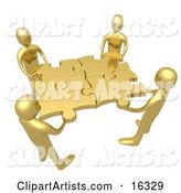 Team of Four Golden People Holding up Connected Pieces to a Gold Puzzle, Symbolizing Excellent Teamwork, Success and Link Exchanging