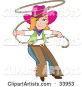 Teenage Cowgirl in Chaps and a Pink Hat, Swinging a Lasso