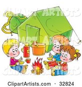 Three Kids Eating Around a Campfire Outside Their Green Tent, on a White Background