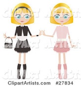 Two Blond Haired, Blue Eyed Caucasian Women, Twins, Dressed in Pink and Black and White, Standing Side by Side and Touching Hands