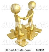 Two Gold People Shaking Hands While Standing on Connected Gold Puzzle Pieces, Symbolizing Teamwork, Deals, and Link Exchanges for Seo Website Marketing
