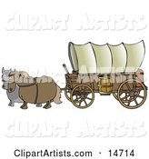 Two Horses Pulling a Big Covered Wagon on the Oregon Trail
