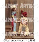Two Little Sisters at a Doorway, Smiling and Holding Hands, Circa 1880